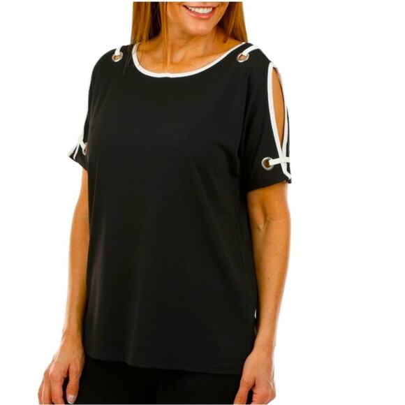 Carmen Marc Valvo NWT Black & White Cold Shoulder Knit Top Blouse Size Small - Picture 1 of 12